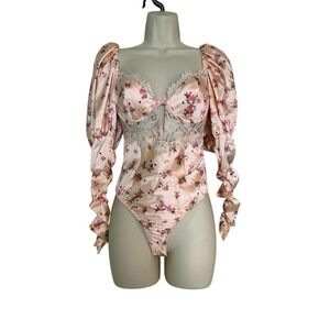For Love And Lemons Astor Pink Floral Bodysuit Lace Open Back Size X-Small
